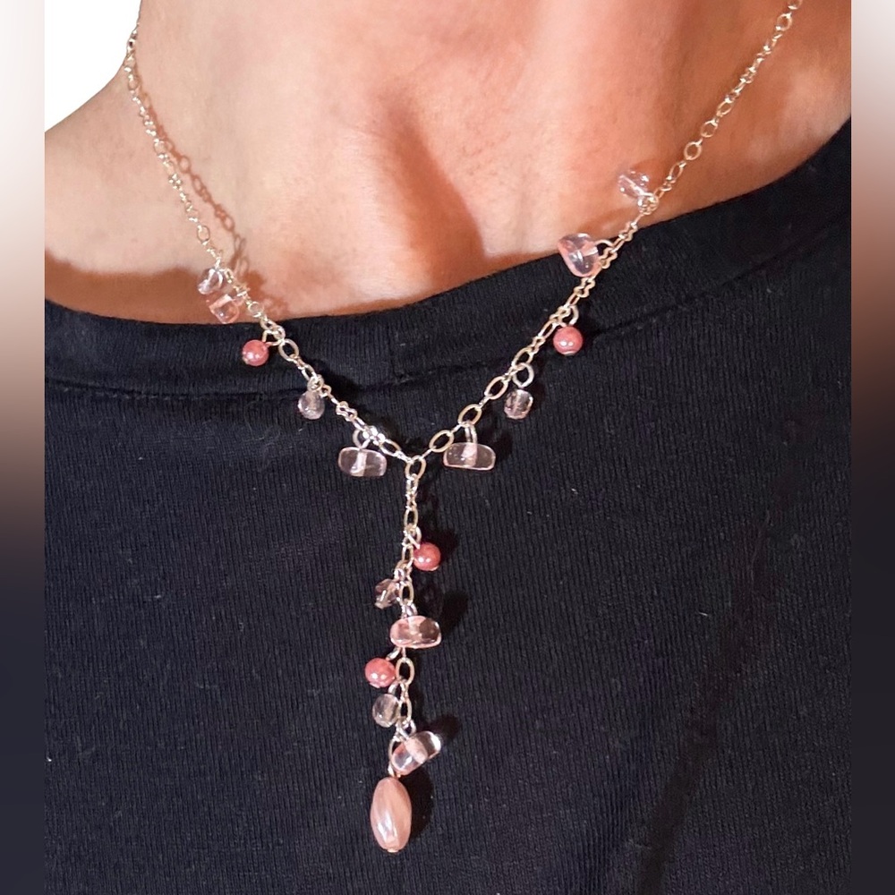 1990s Pink Bead Y Necklace | Jewelry Gift | Delicate | Silver Tone